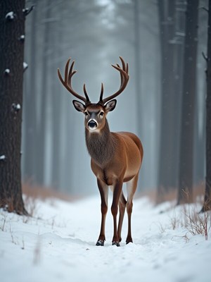 Majestic deer standing in snowy forest path