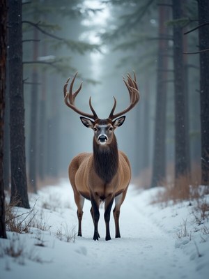 Majestic deer stands in snowy forest path during winter