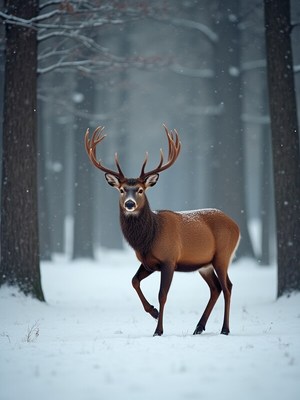 Majestic stag in a snowy forest during winter