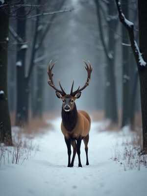 Majestic deer stands in snowy forest path