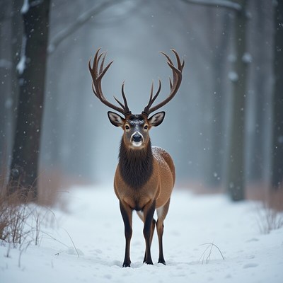 Majestic deer standing in snowy forest