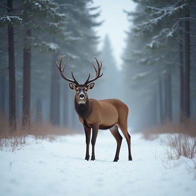 Majestic deer standing in a snowy forest scene