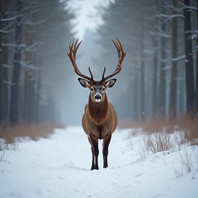Majestic deer in a snowy forest path during winter