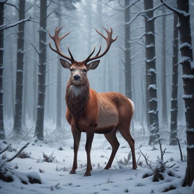 Majestic deer standing in a snowy forest landscape