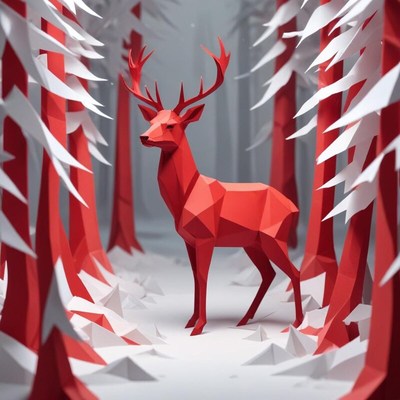 Red deer stands in a forest of white and red trees