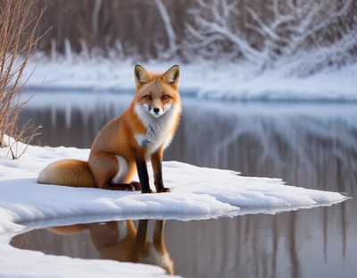 Red fox resting by a snowy riverbank in winter