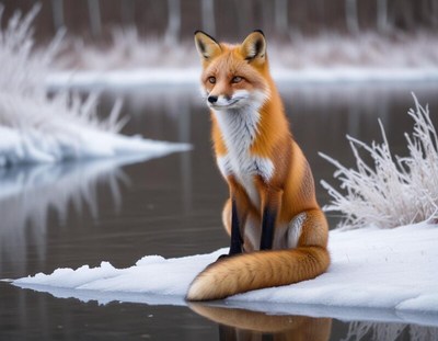 Red fox resting on ice near a serene frozen lake