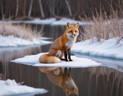 Fox sitting on a snow-covered ice patch near water