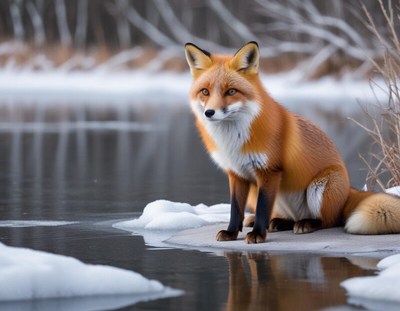 Red fox resting by frozen lake in winter landscape