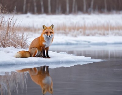 Fox resting by a frozen river in winter landscape