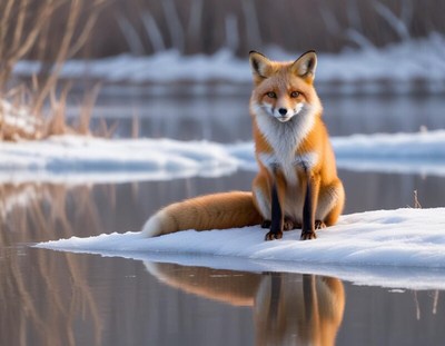 Fox sitting on snow near calm water in winter landscape