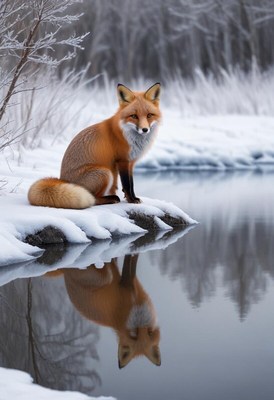 Fox sitting by a snowy riverbank in winter landscape