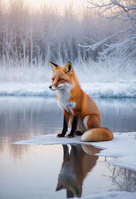 Fox resting by a frozen lake in winter landscape