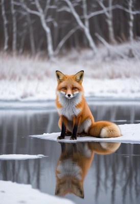 Red fox sits by frozen lake in snowy landscape