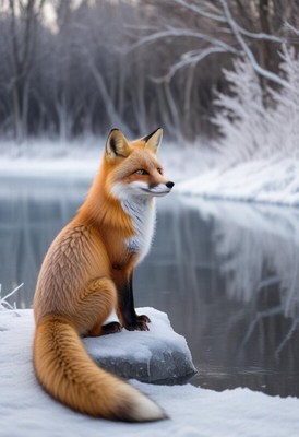 Fox sits by frozen river on a cold winter day