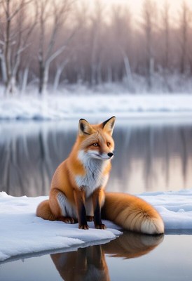 Red fox sitting by a frozen lake in winter landscape