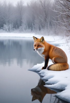 Fox resting on snowy bank by calm lake