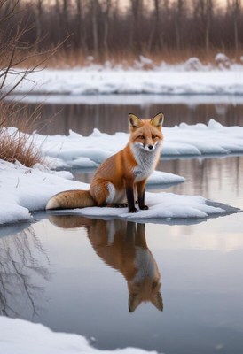 Fox sitting on ice near water during winter season