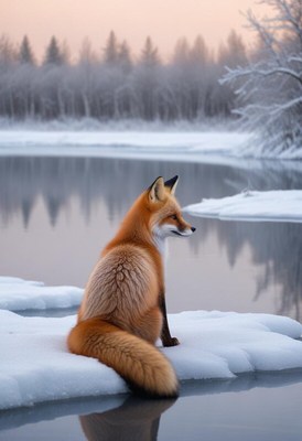 Fox sitting on ice near a calm winter lake