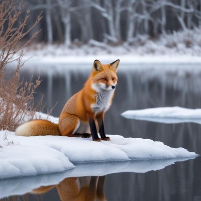 Red fox resting by the snowy frozen lake in winter