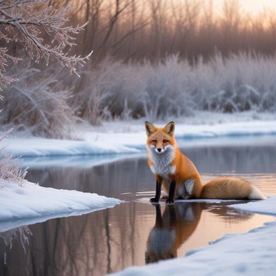 Fox standing by a frozen river during sunset