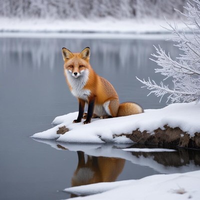 Fox resting by a frozen lake in winter landscape