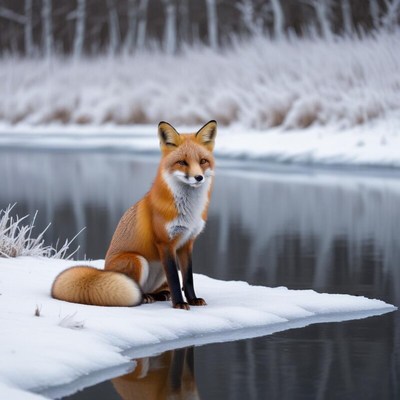 Red fox sitting by a frozen river in winter