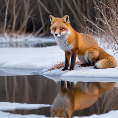Red fox sitting by the water in winter landscape