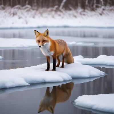 Fox standing on ice in a winter landscape