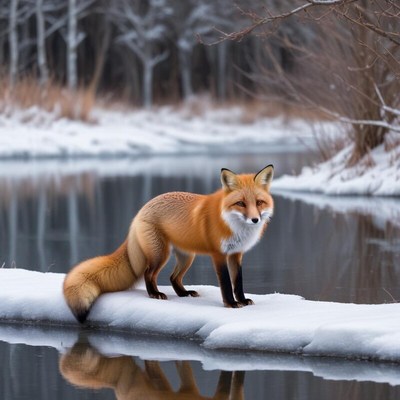 Red fox standing on ice beside a calm river in winter