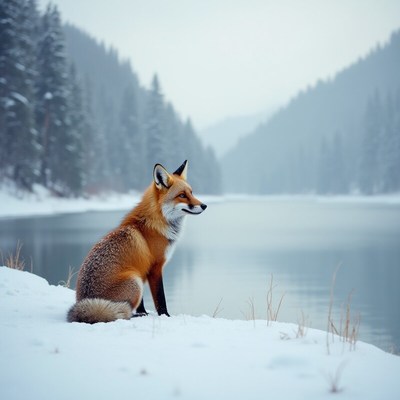 Fox sitting by a frozen lake in winter landscape
