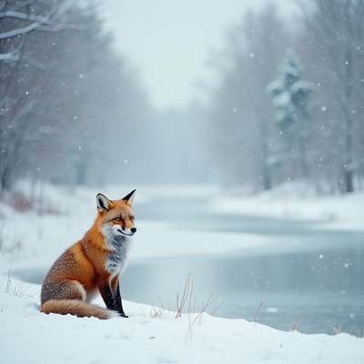 Fox resting on snowy riverbank in winter scenery