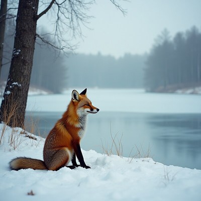 Fox resting near frozen lake in snowy forest