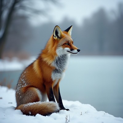 Fox sits quietly by the snowy riverbank in winter