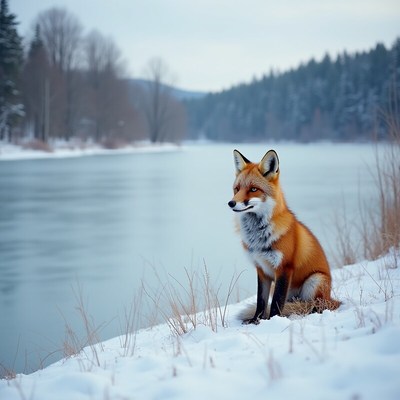 Fox sitting by a river in a snowy landscape