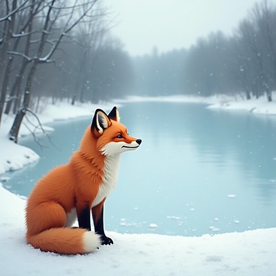 Fox sitting by a calm river in winter scenery