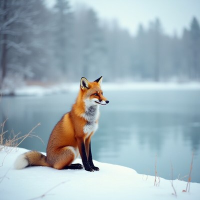 Fox resting by a snowy lake in winter