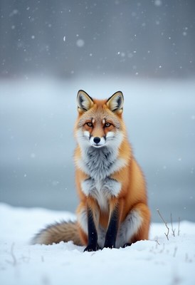 Beautiful red fox sitting on snow in winter landscape