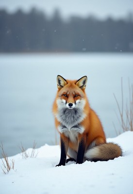 Red fox sitting on snow near a lake in winter