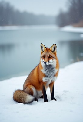 Red fox sitting by a calm lake during winter
