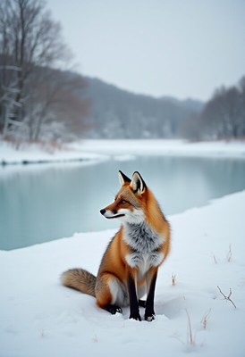 Red fox sitting by a snowy river in winter