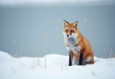 Red fox sitting peacefully in snowy landscape