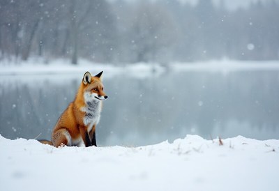 Fox in the snow beside a river on a winter day