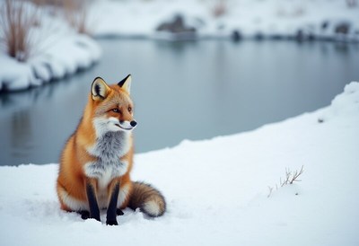 Fox resting in the snow by a tranquil pond