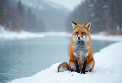 Fox sitting on snow by a river in winter landscape