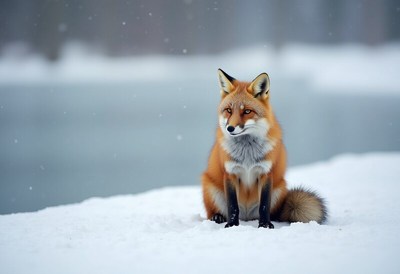 Winter fox sitting in snow near frozen water
