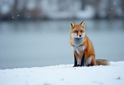 Fox sitting on snow with lake in the background