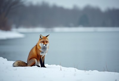 Red fox sitting by a lake in winter landscape