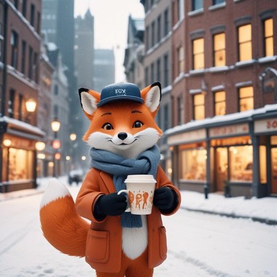Fox character enjoying winter in a snowy city street