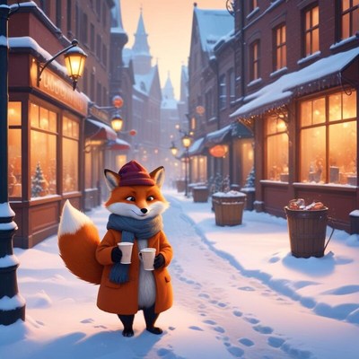 Fox in winter attire enjoying hot drinks in snowy street
